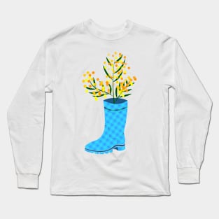 Rubber boots Wellies blue checkered Wellington boots and mimosa flower Long Sleeve T-Shirt